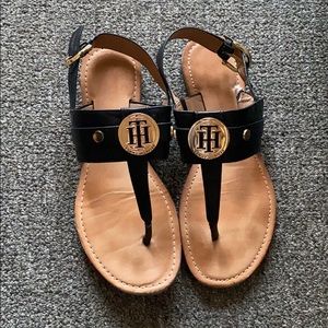 Tommy Hilfiger Black & Gold Leather Thong Sandals